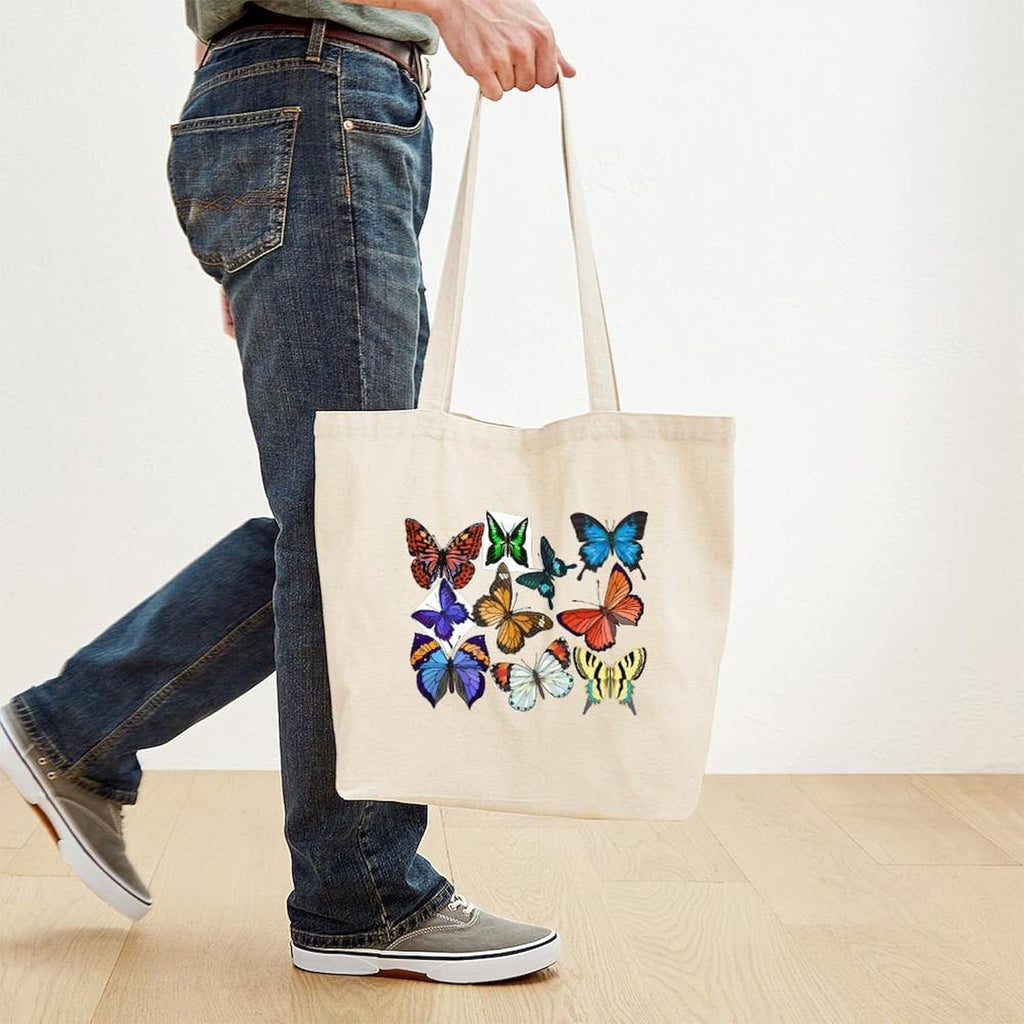Butterflies Tote Bag Reusable Natural Beige Canvas Shopping Bag