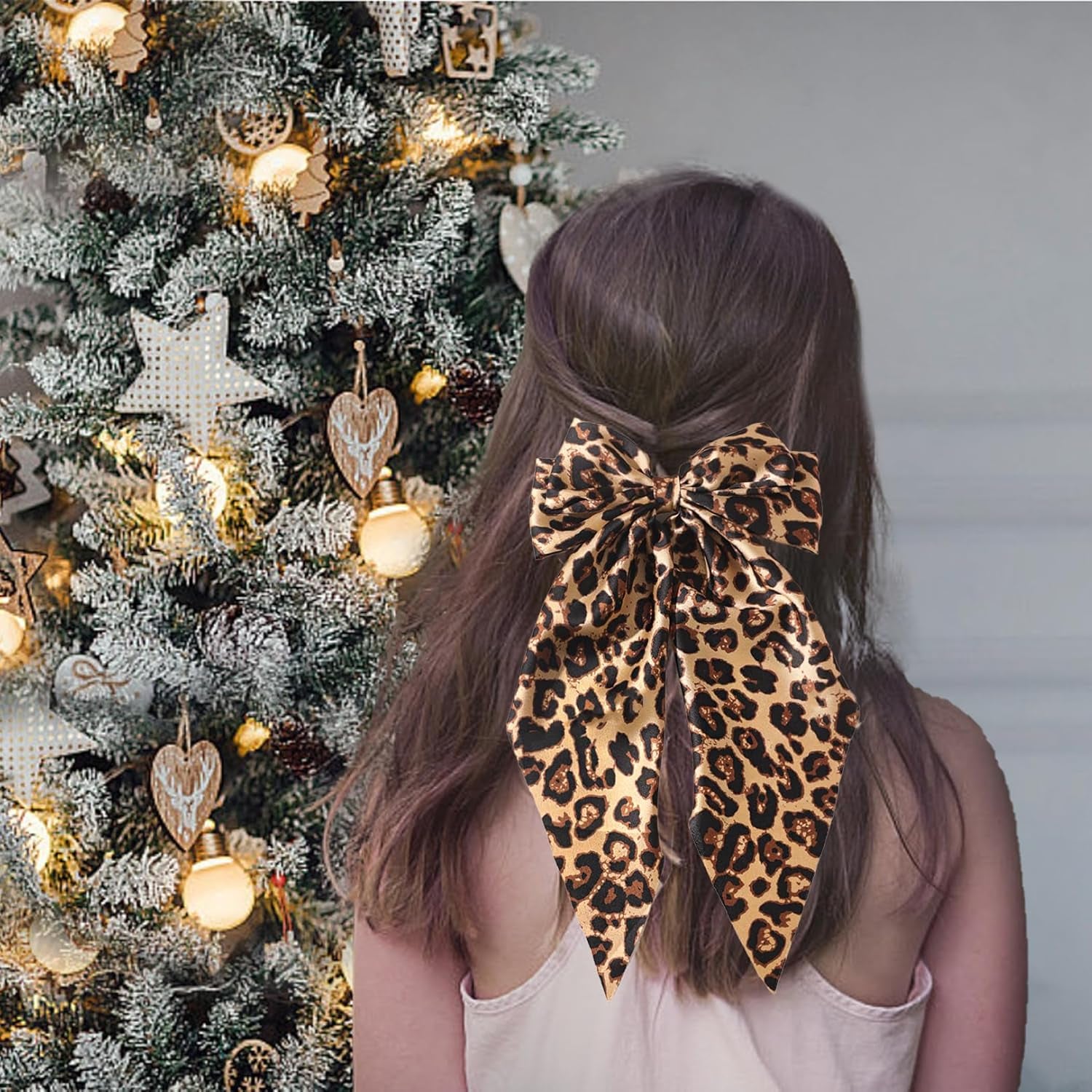 Ribbon Hair Bow for Women Girls - 1Pcs Long Tail Silky Satin Leopard Bow Hair Alligator Clips,Bowknot Hair Barrettes with Metal Clips Ponytail Holder Hair Accessories for Women Thick Thin Hair Bow