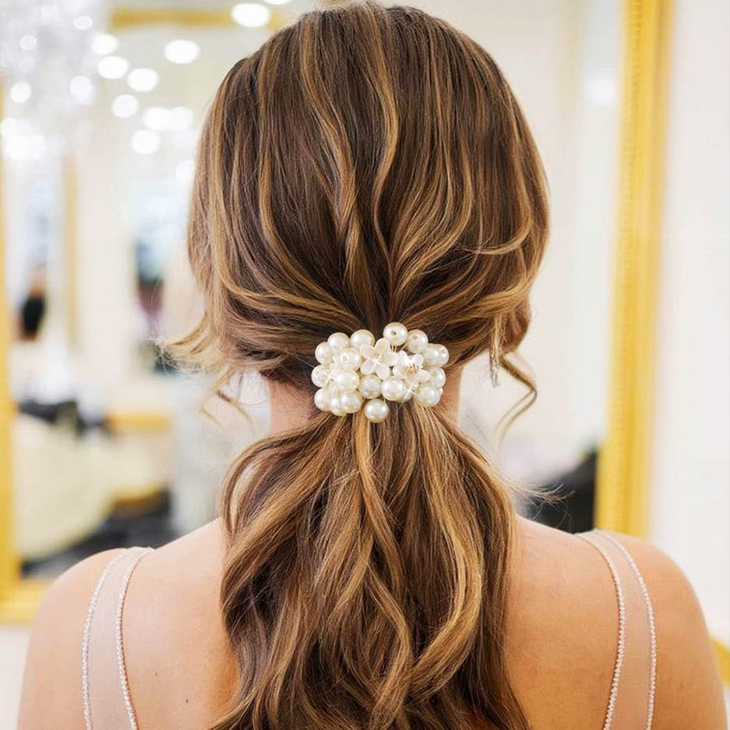 Pearl Hair Ties Fancy Ponytail Holder White Elastic Hair Bands Pearl Hair Accessories for Women (Pack of 3)