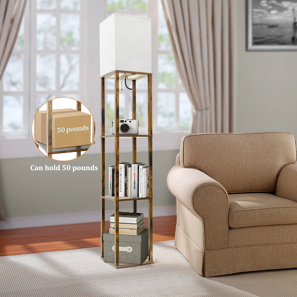 Floor Lamp with Shelves, Modern Dimmable Solid Wood Standing Lamp for Living Room and Bedroom