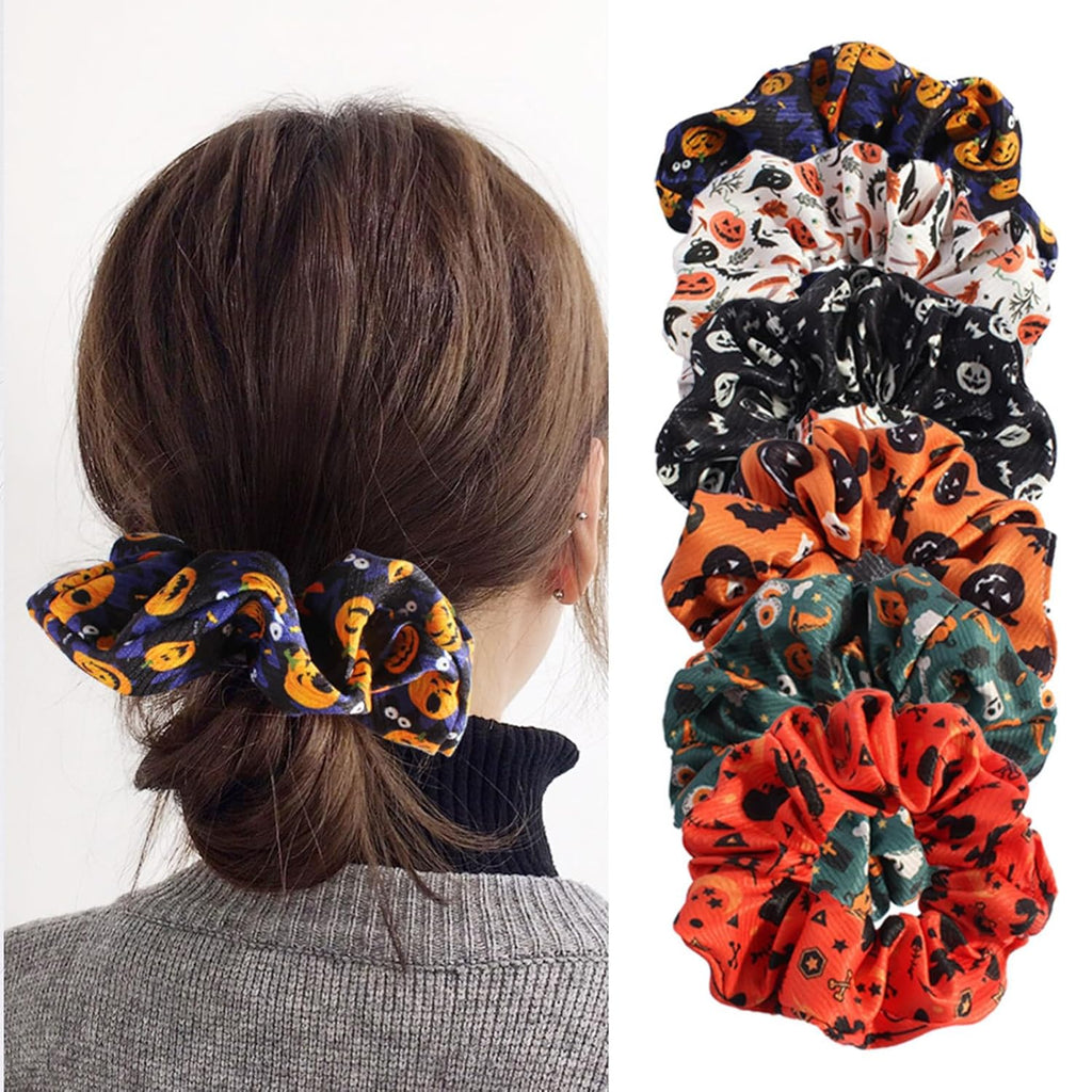 Halloween Hair Ties Elastics Hair Scrunchies Ponytail Holder Pumpkin Bat Ghost Silk Hair Rope Hair Band for Women Halloween Hair Accessories Black Orange Purple 6Pcs