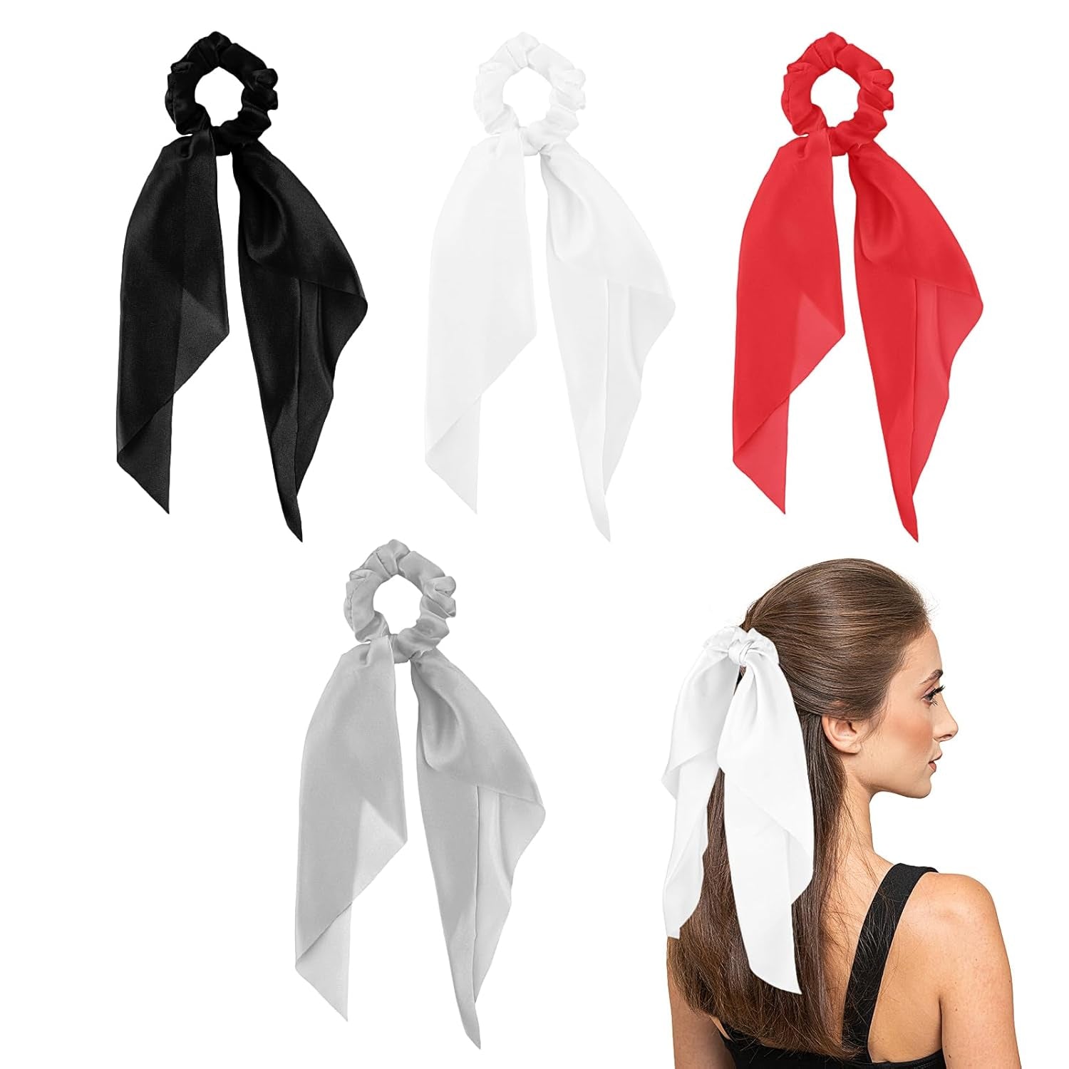Hair Scarf Scrunchies for Women, 4 Pcs Ribbon Bow Hair Ties Cute Satin Hair Scrunchies with Ribbon Tails Elastic Hair Bands Soft Ponytail Holder Hair Accessories (Black/White/Red/Grey)