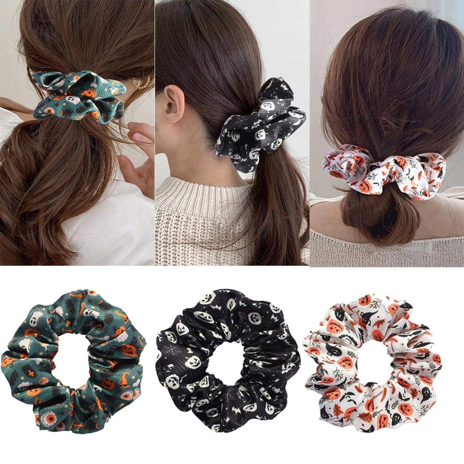 Halloween Hair Ties Elastics Hair Scrunchies Ponytail Holder Pumpkin Bat Ghost Silk Hair Rope Hair Band for Women Halloween Hair Accessories Black Orange Purple 6Pcs